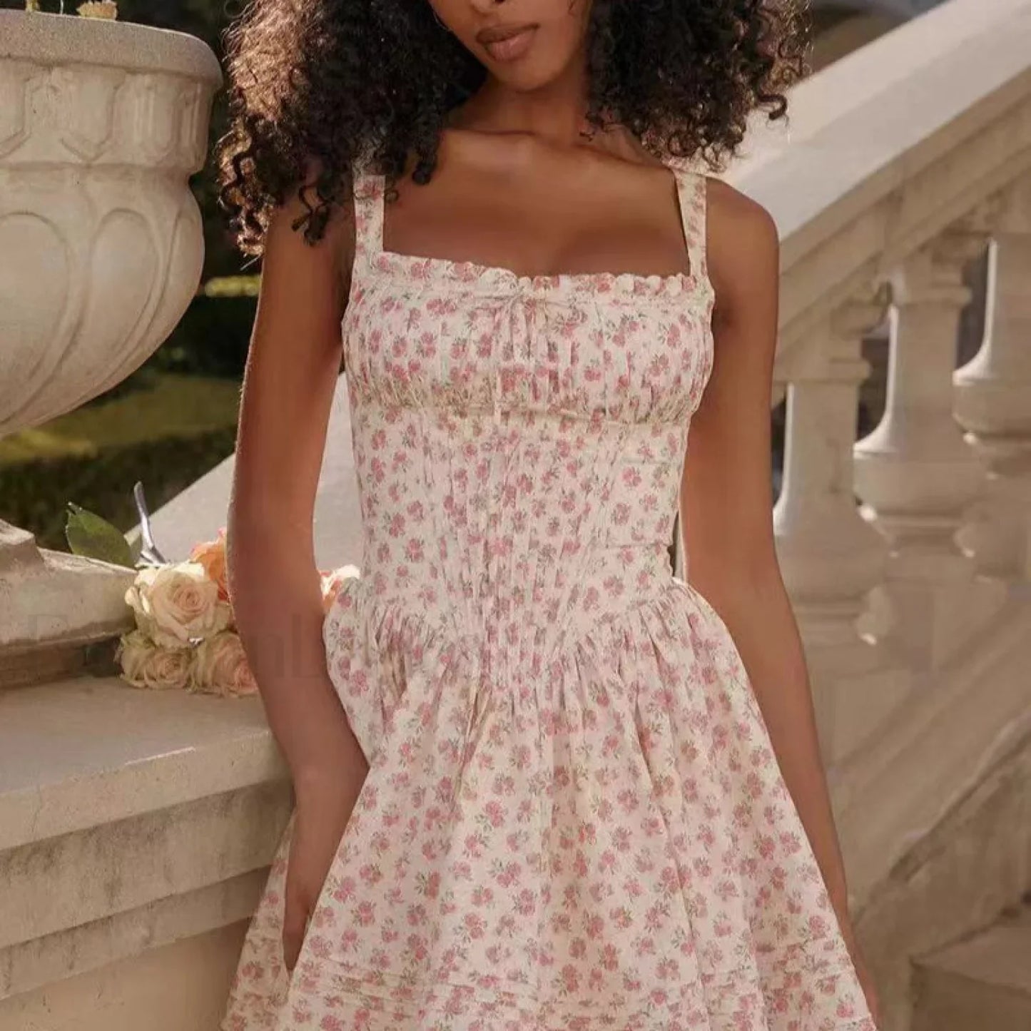 French Hepburn Style Black Strappy A Line Mini Dress Pink Flower / S