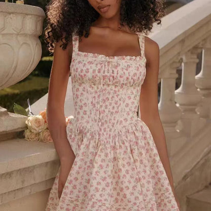 French Hepburn Style Black Strappy A Line Mini Dress Pink Flower / S