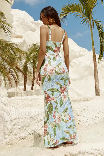 French Retro Lace Vest Sleeveless Printed Floral Dress