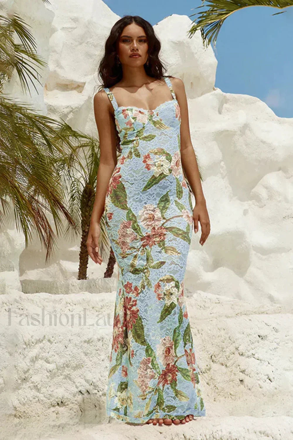 French Retro Lace Vest Sleeveless Printed Floral Dress Blue / S