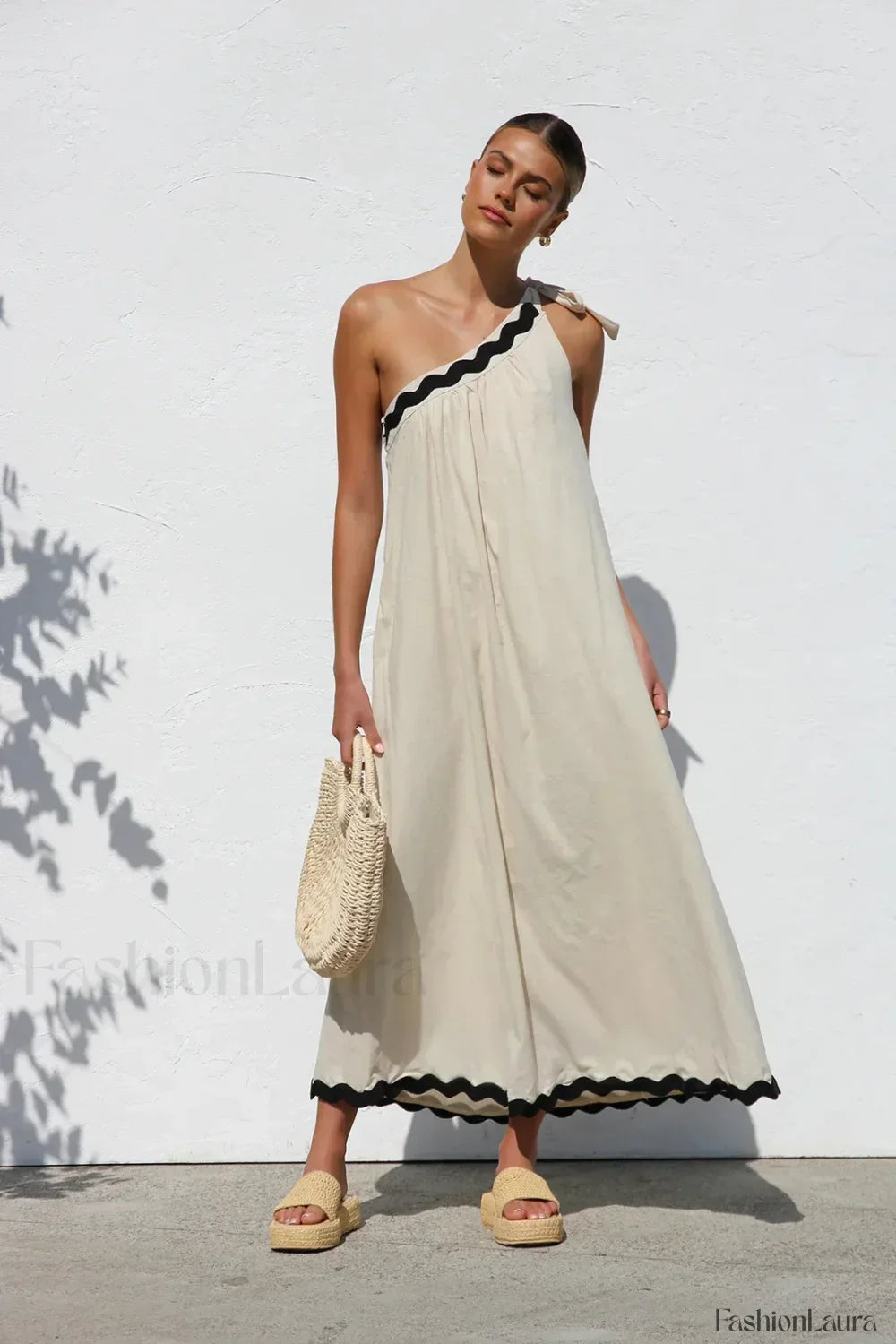 French Sloping Shoulder Boho Dress apricot / S