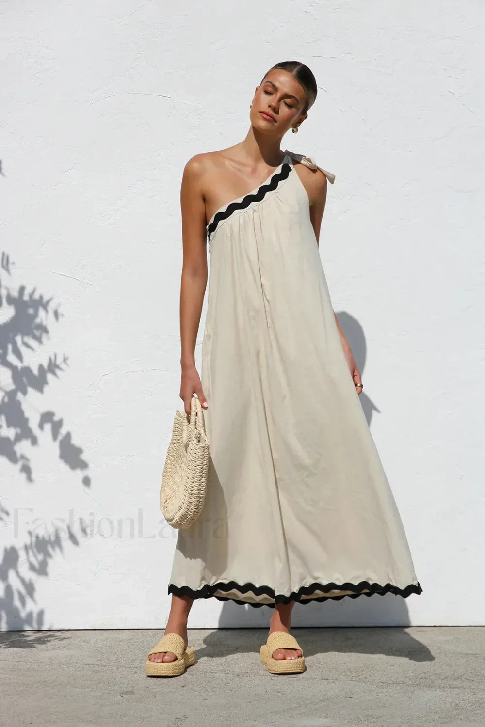 French Sloping Shoulder Boho Dress apricot / S