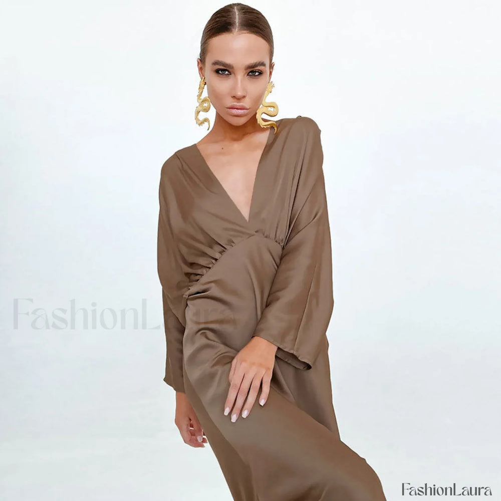 French Style Ruched Deep V Batwing Sleeve Split Cocktail Maxi Dress Brown S / Brown Formal Dresses