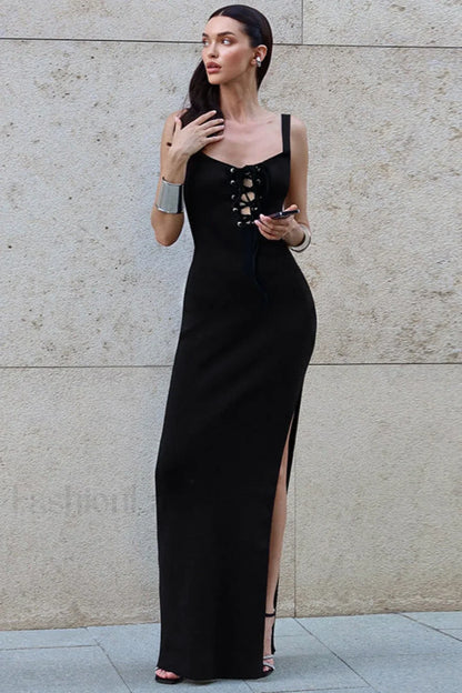 French Style V Neck Strappy High Split Waist Wrap Maxi Dress