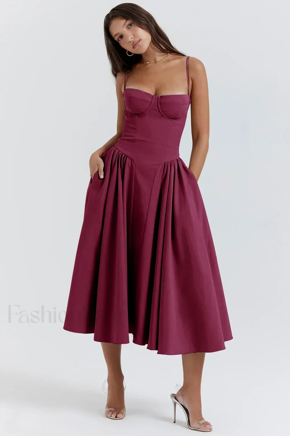 French Vintage Strap Midi Dress Burgundy / S