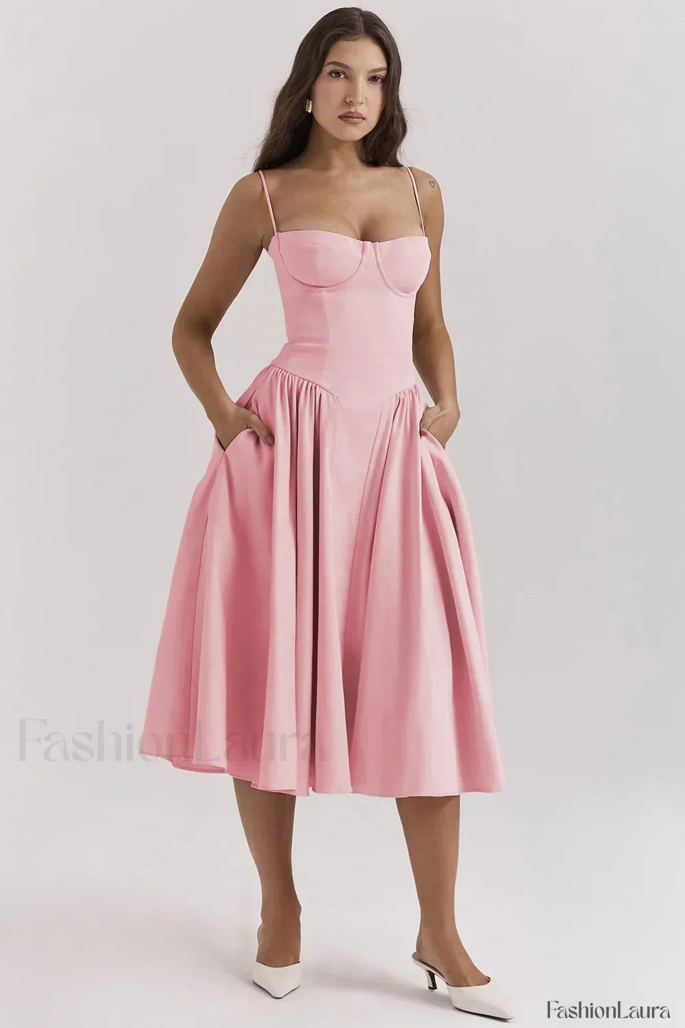 French Vintage Strap Midi Dress Pink / S