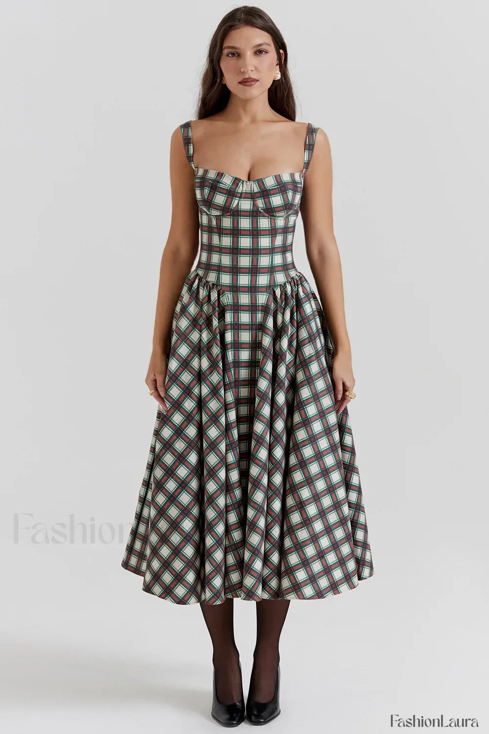 French Vintage Strap Midi Dress Tartan 3 / S