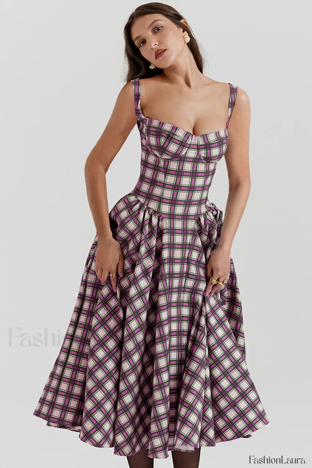 French Vintage Strap Midi Dress Tartan / S