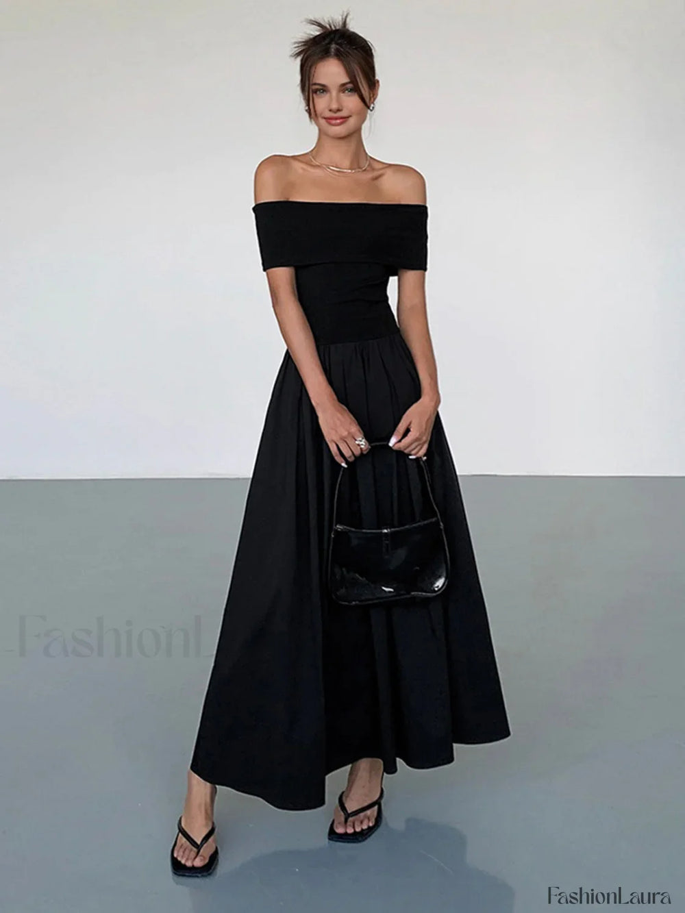 Frenchy Solid Graceful Off Shoulder Long Dress Black / XS Dresses