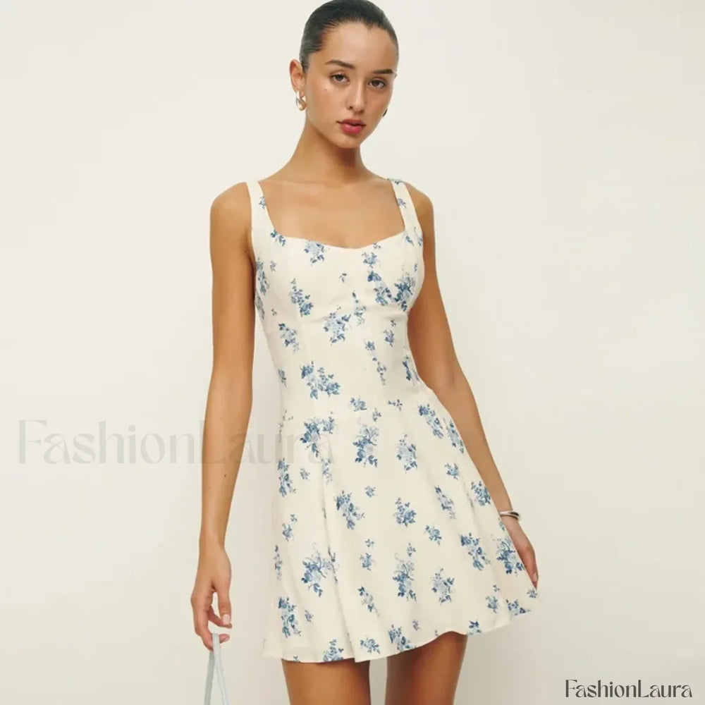 Fresh Square Collar Floral Dress White / S