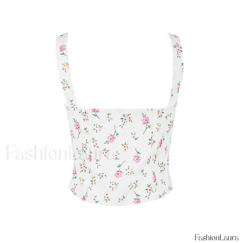 Fresh Tie Front Square Neck Frill Bustier Floral Printed Tank Top Pink Floral Tops