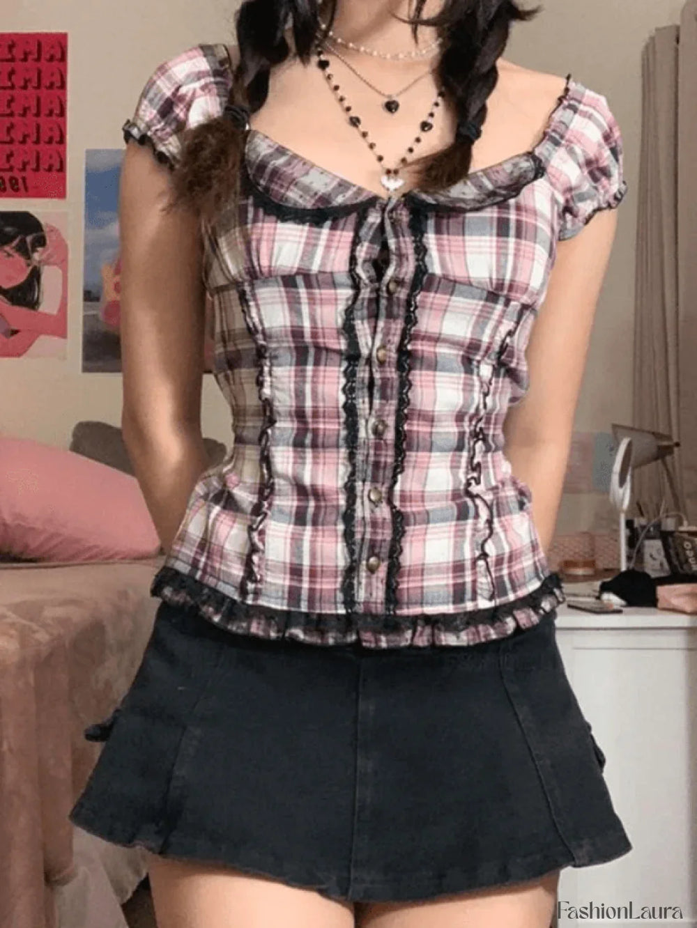 Frill Trim Button Checkered Crop Blouse Shirts