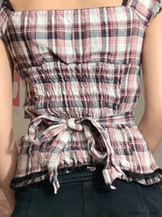 Frill Trim Button Checkered Crop Blouse Shirts