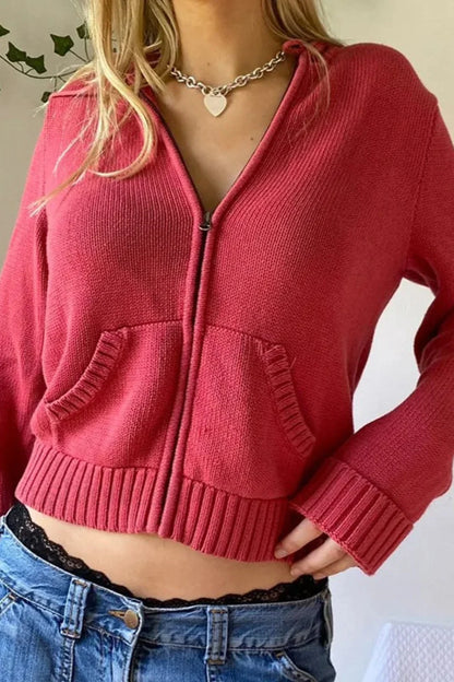 Full Zip Knit Hooded Hoodie Red / S