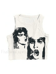 Funny Face Print Cropped Tank Top White / S Tops&Tees