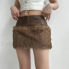Fur Leather Patchwork Mini Skirt
