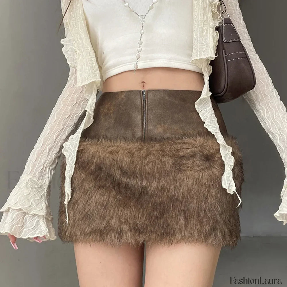 Fur Leather Patchwork Mini Skirt