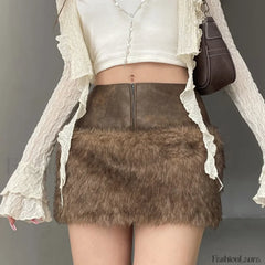 Fur Leather Patchwork Mini Skirt
