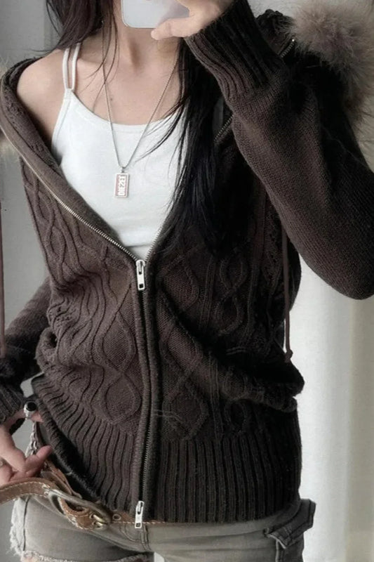 Furry Hooded Knitwear Zip Up Hoodie Brown / S