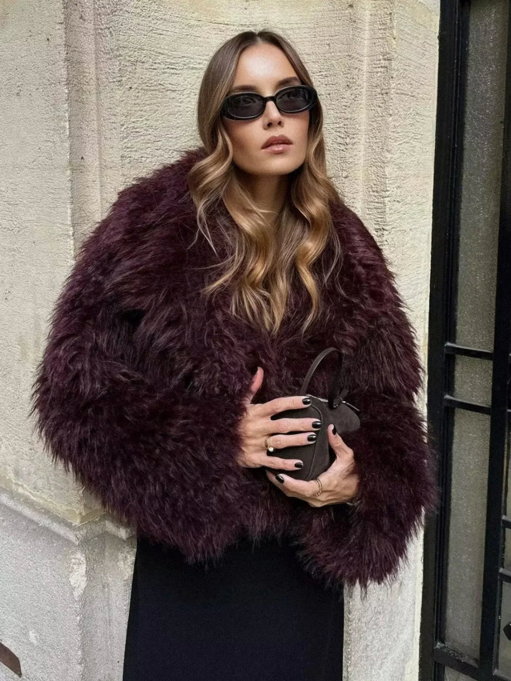 Fuzzy Faux Fur Short Coat Burgundy / XS Women Faux Fur Coats