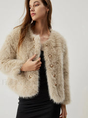 Fuzzy Faux Graceful Fur Buttoned Coat Khaki / S Women Faux Fur Coats