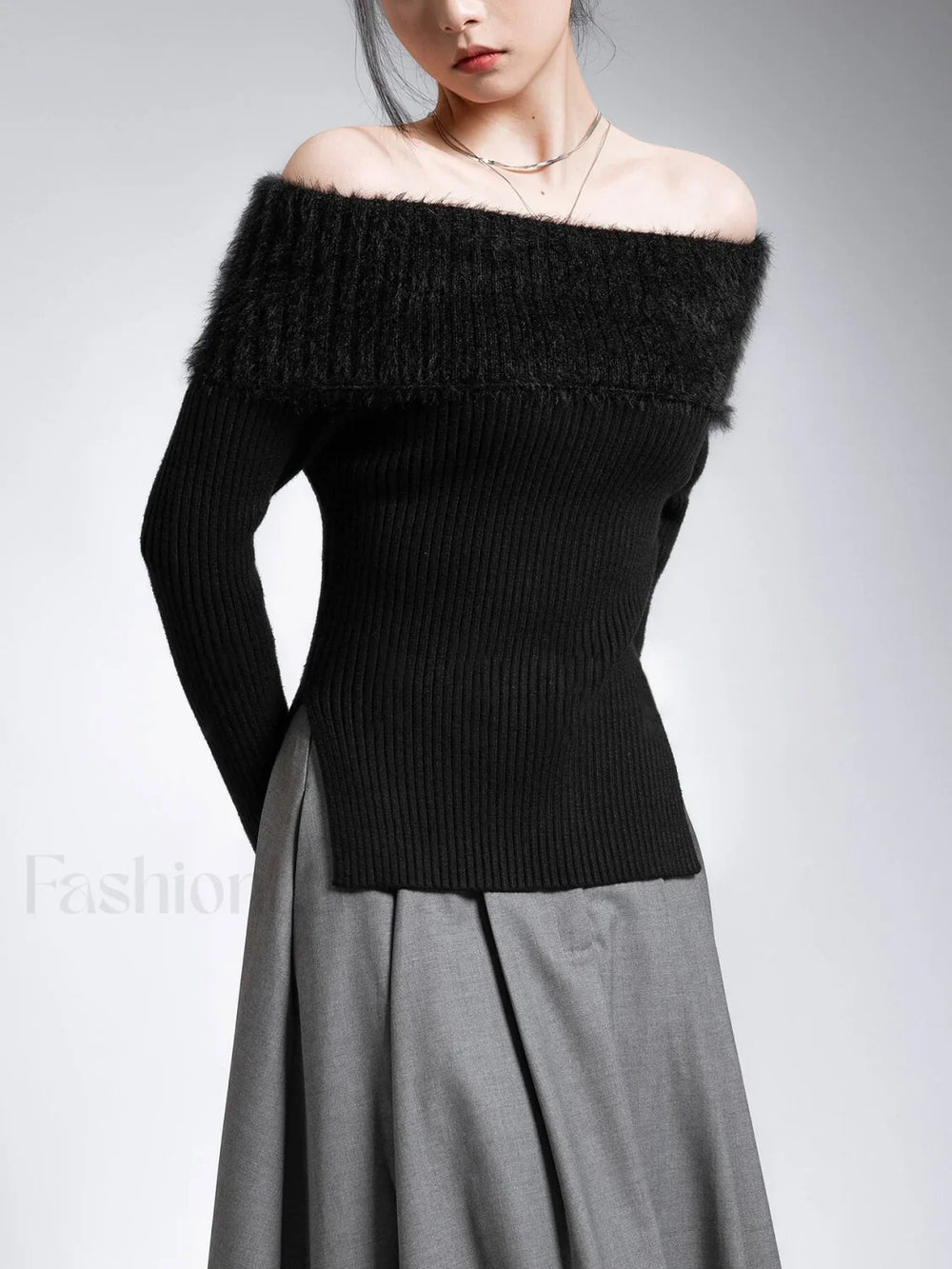 Fuzzy Off Shoulder Ribbed Modern Knit Patchwork Split Sweater Black / S Sweaters L