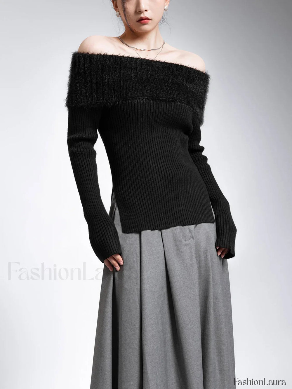 Fuzzy Off Shoulder Ribbed Modern Knit Patchwork Split Sweater Sweaters L