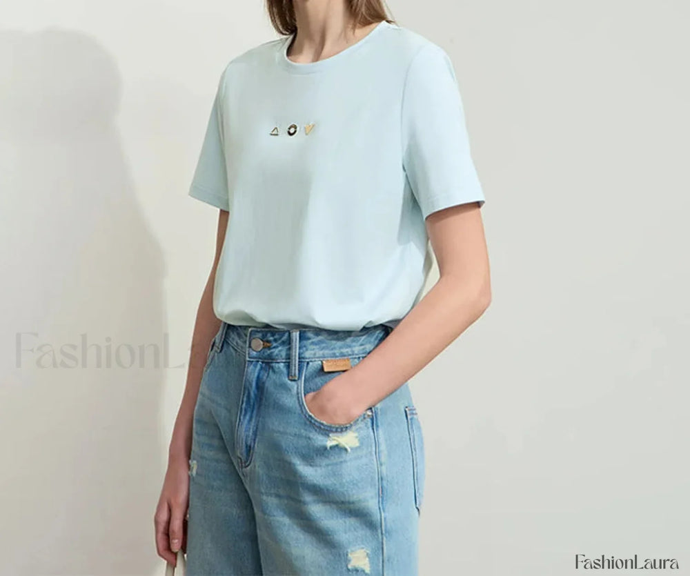 Geometric Print Cotton T Shirt Light Blue / S