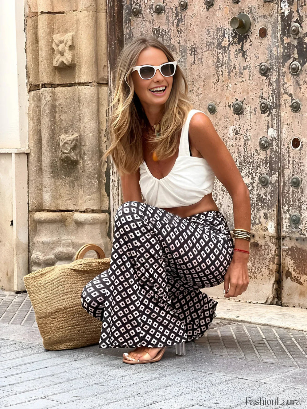 Geometrical Print Flare Pants Pants