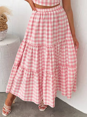 Gingham Patchwork Tiered Maxi Skirt Pink / S