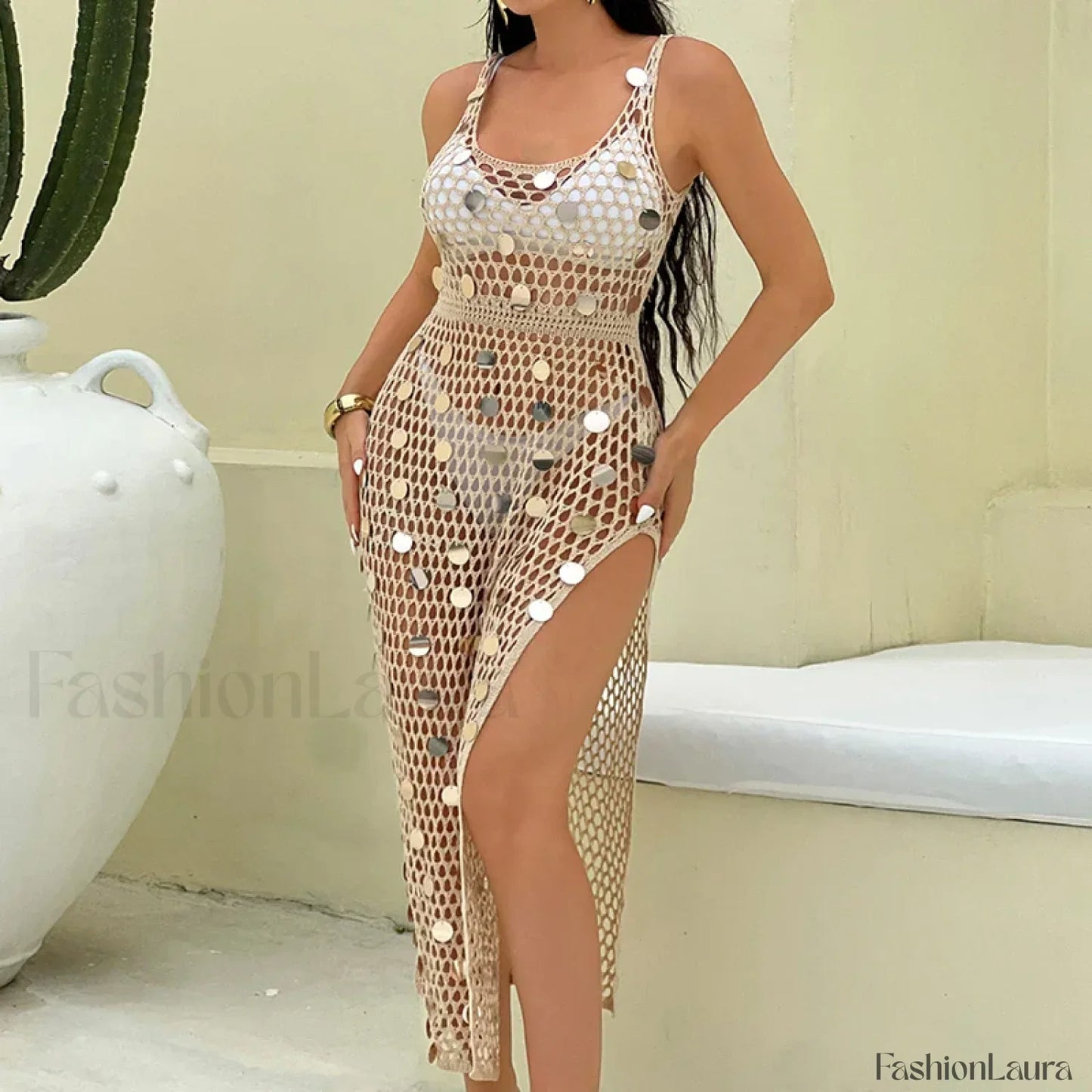 Glitter Hollow Out Cover Up APRICOT / S