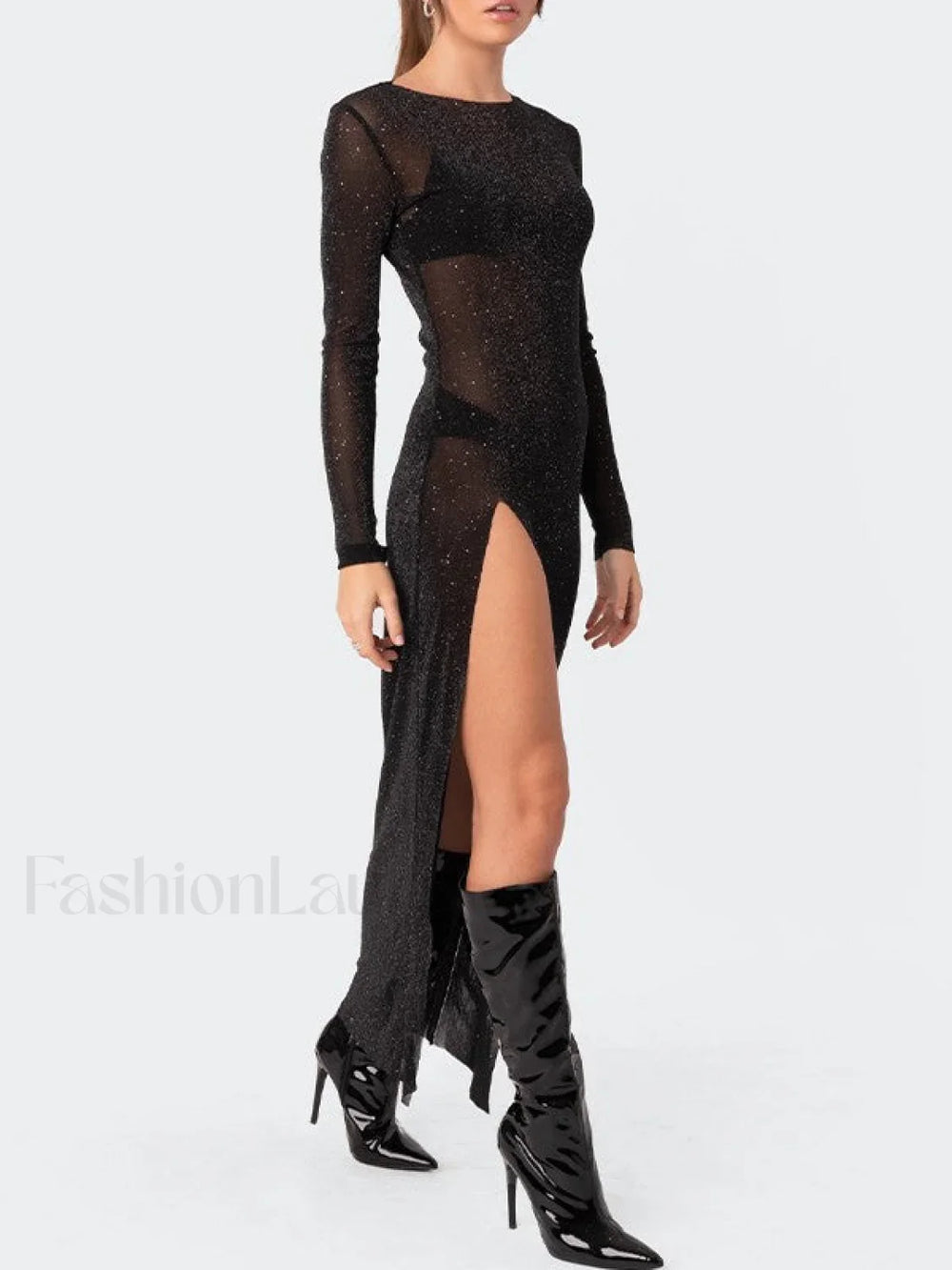 Glitter Mesh Split Long Sleeve Maxi Dress Midi Dresses