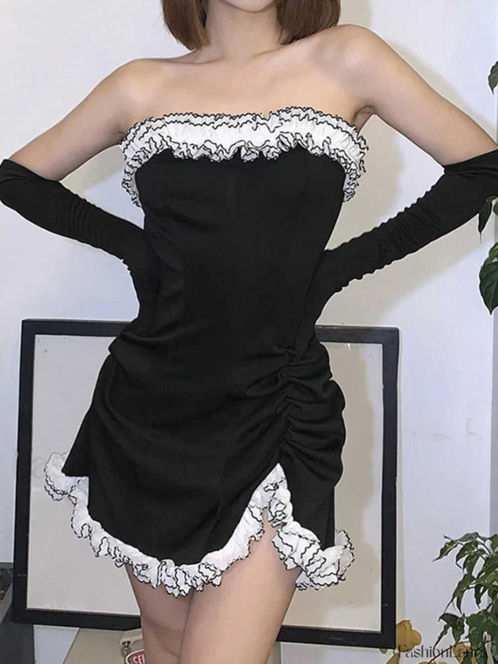 Gloves Detail Strapless Black Mini Dress Mini Dresses