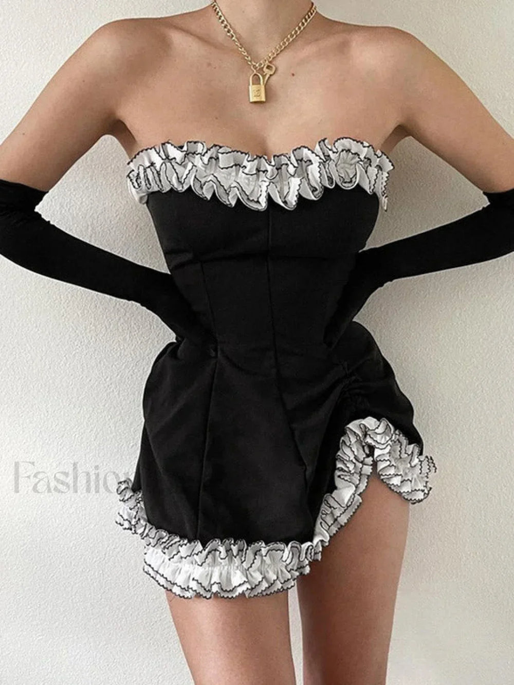 Gloves Detail Strapless Black Mini Dress Black / S Mini Dresses