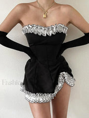 Gloves Detail Strapless Black Mini Dress Black / S Mini Dresses
