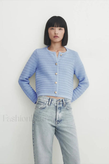 Gold Button Textured Knit Cardigan