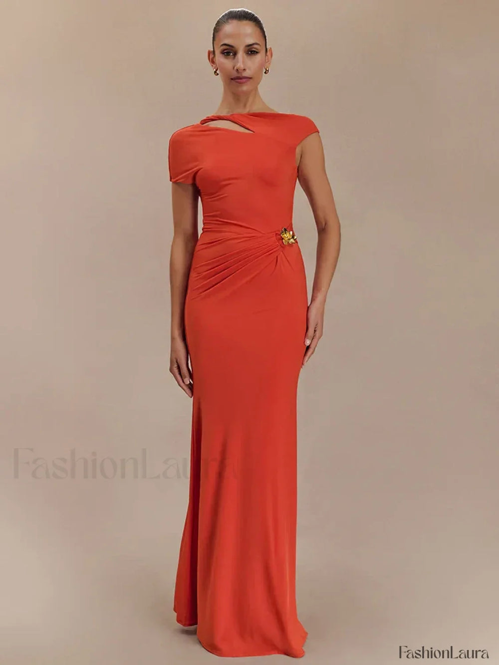 Gold Clasp Ruched Bodycon Maxi Dress Orange / S