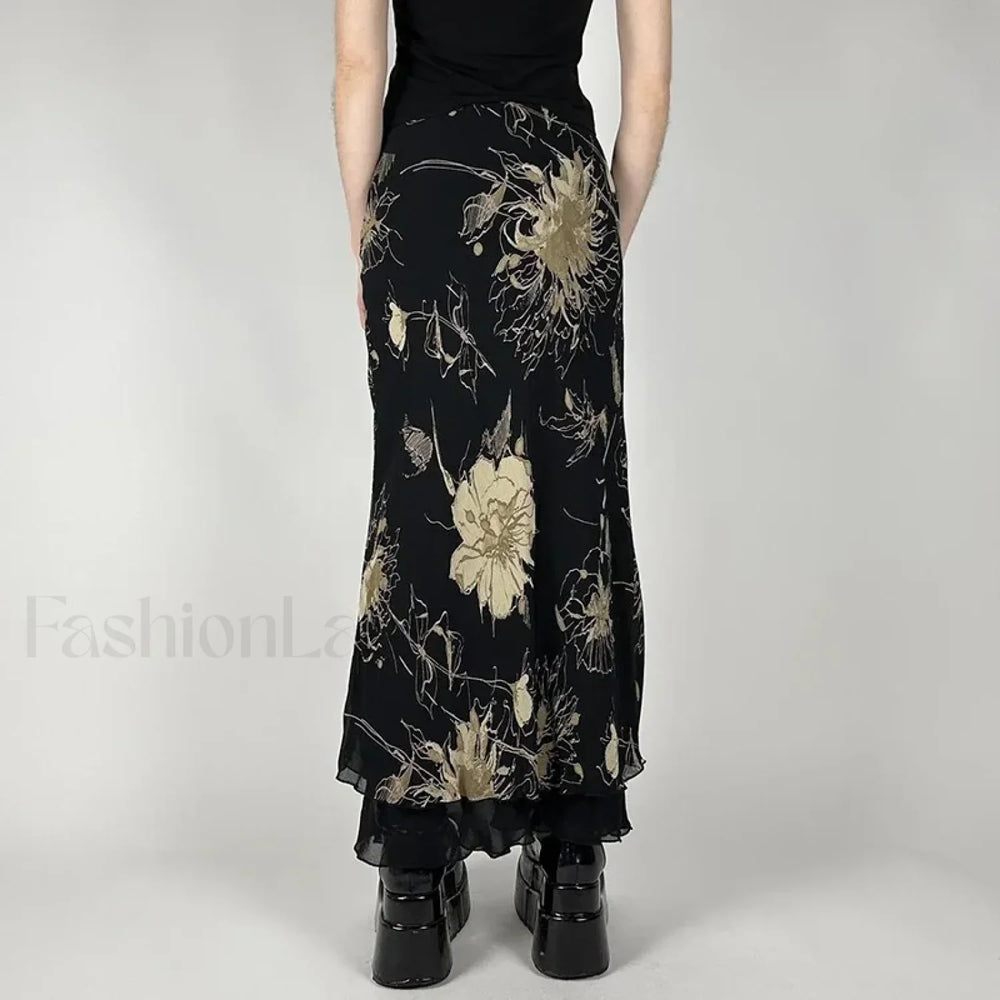 Goth Floral Double Layer Skirt Black / S