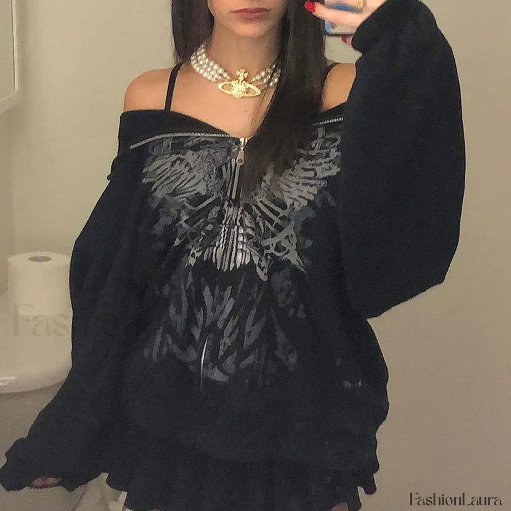 Gothic Butterfly Print Grunge Casual Hooded Jacket Hoody BLACK / S Sweatshirts & Hoodies L