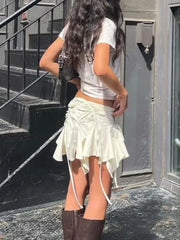 Gothic Duck Tie Up Ruched Skirt Beige / S