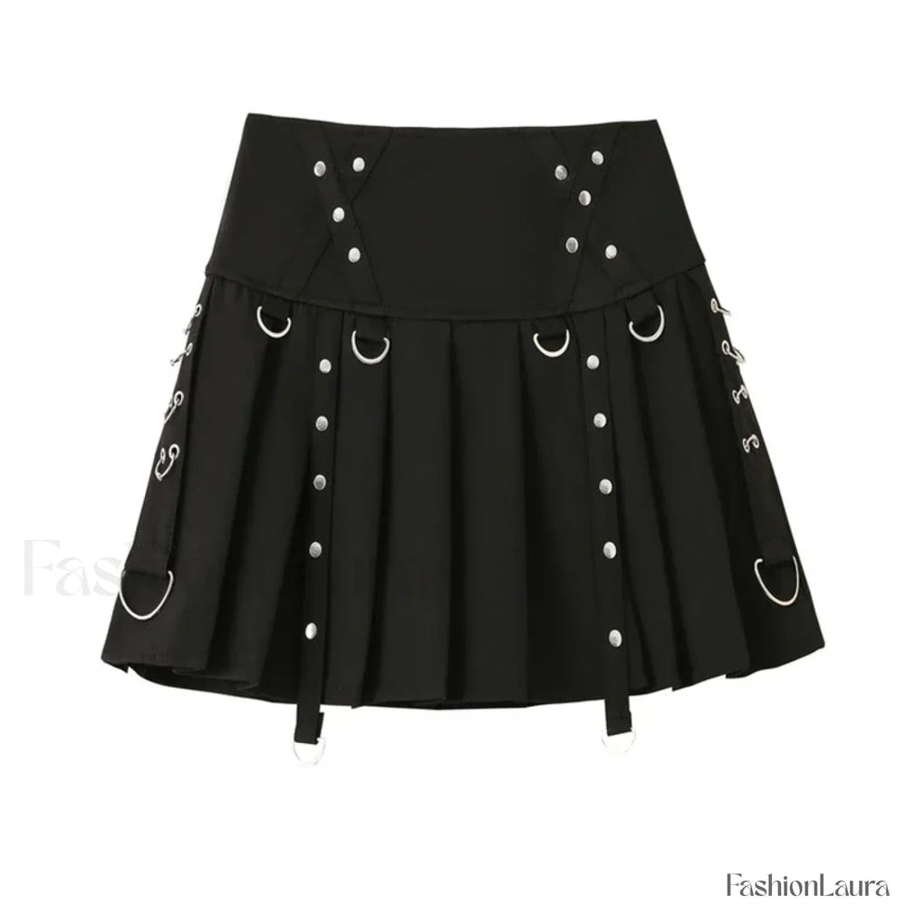 Gothic Harajuku Short Pleated Skirt with Rivet Metal Buckles and Streamer Low Waist Style BLACK / S