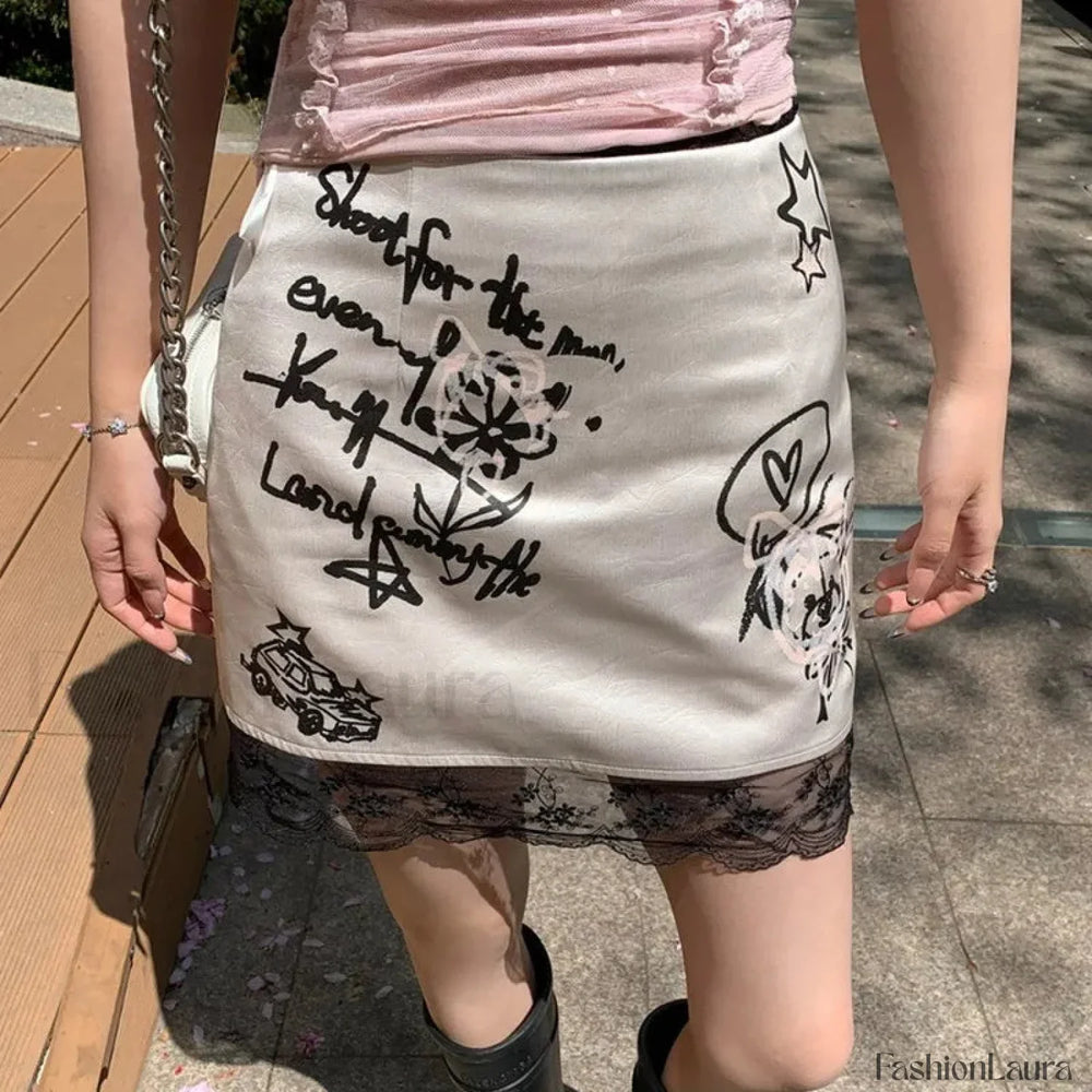 Gothic Lace Print Retro Skirt as photo / S
