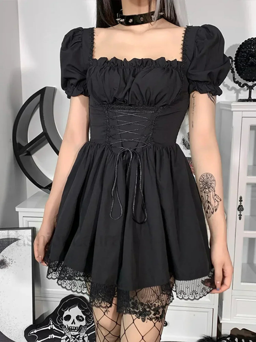 Gothic Sexy Black Y2K Harajuku Vintage Lolita Backless Mini Women Aesthetic Punk High Waist Dress BLACK 3 / S