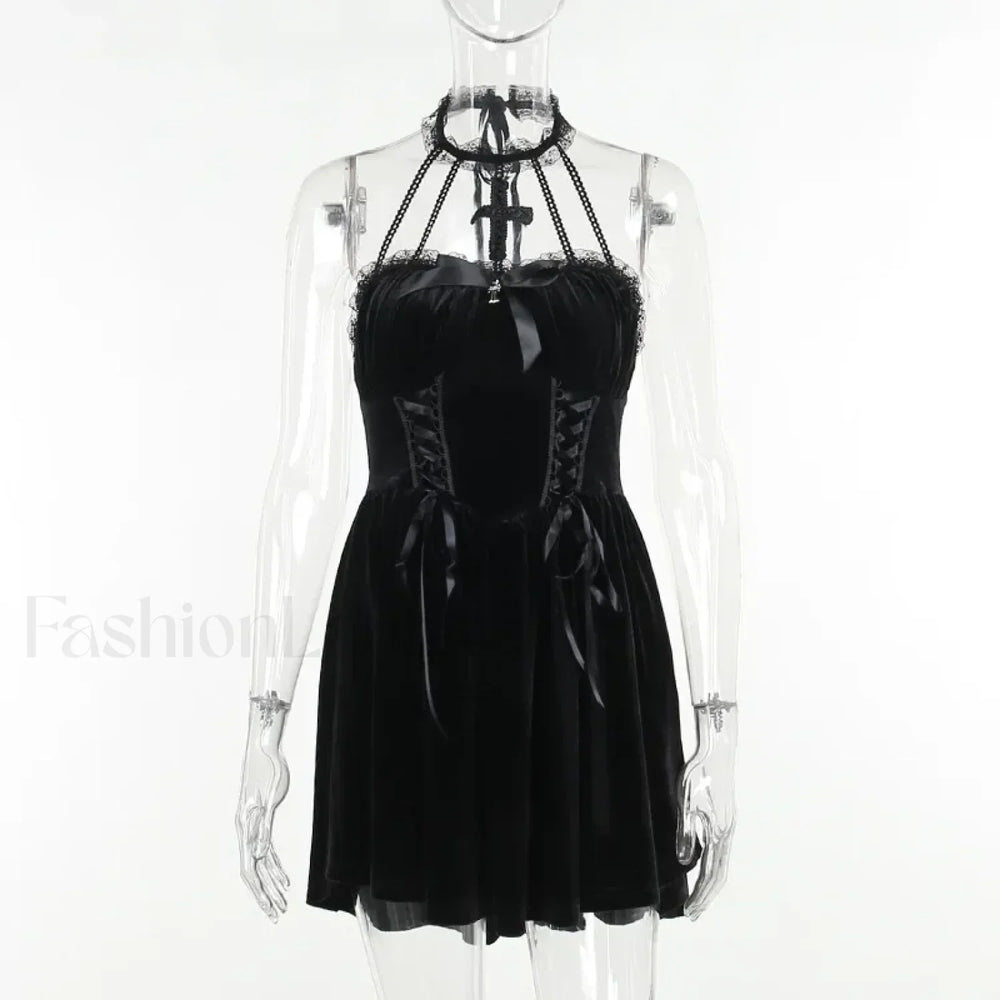 Gothic Velvet Halter Dress Vintage Draped Lace Sleeveless Bodycon Backless A Line Cocktail Party Dress Black / S