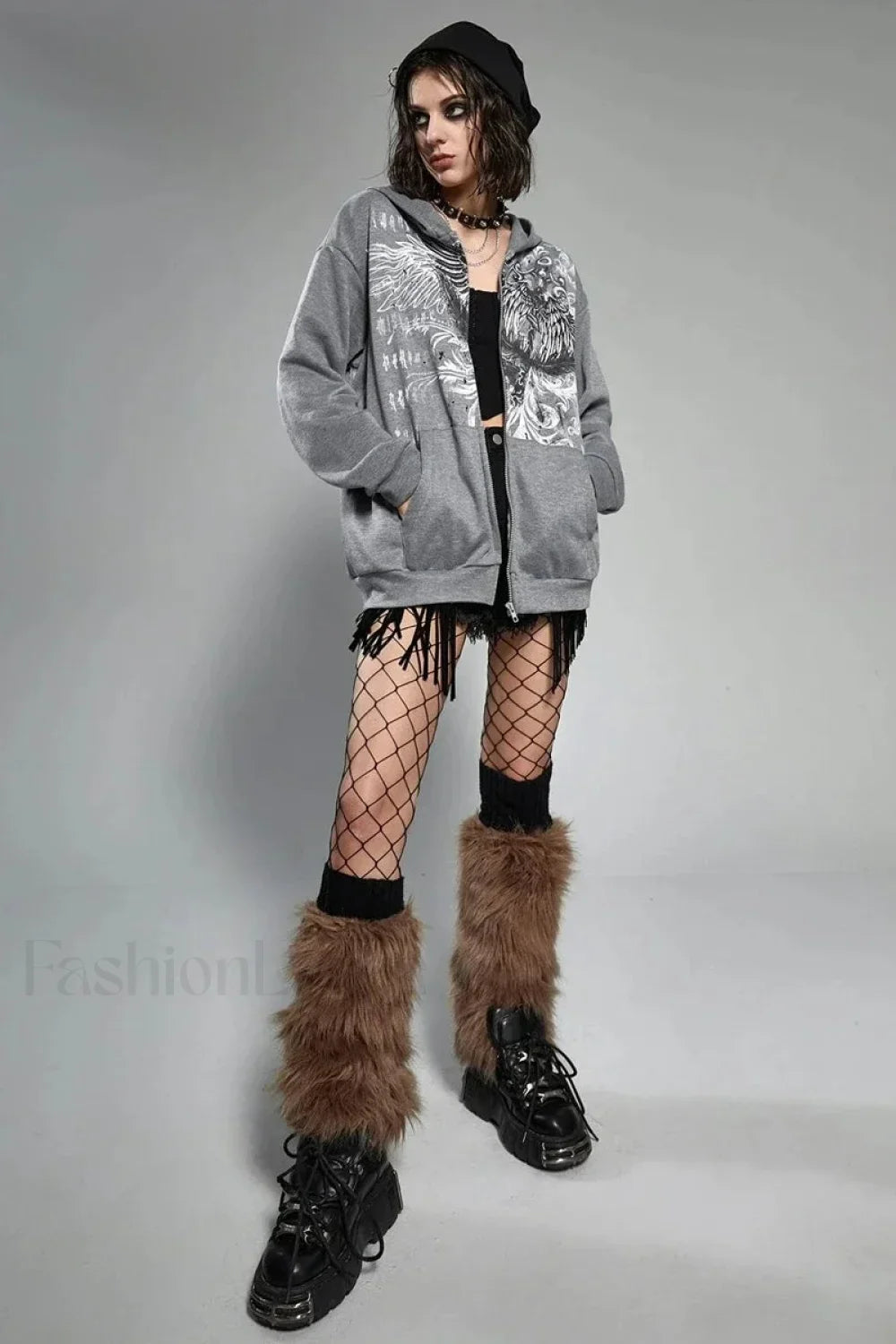 Gothic Wing Print Zip Up Hoodie