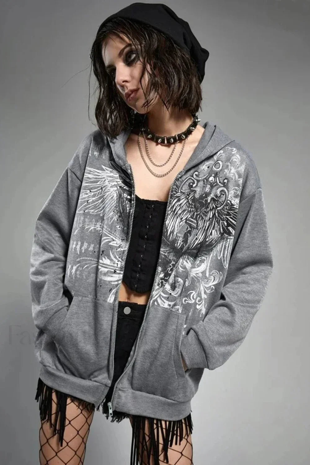 Gothic Wing Print Zip Up Hoodie