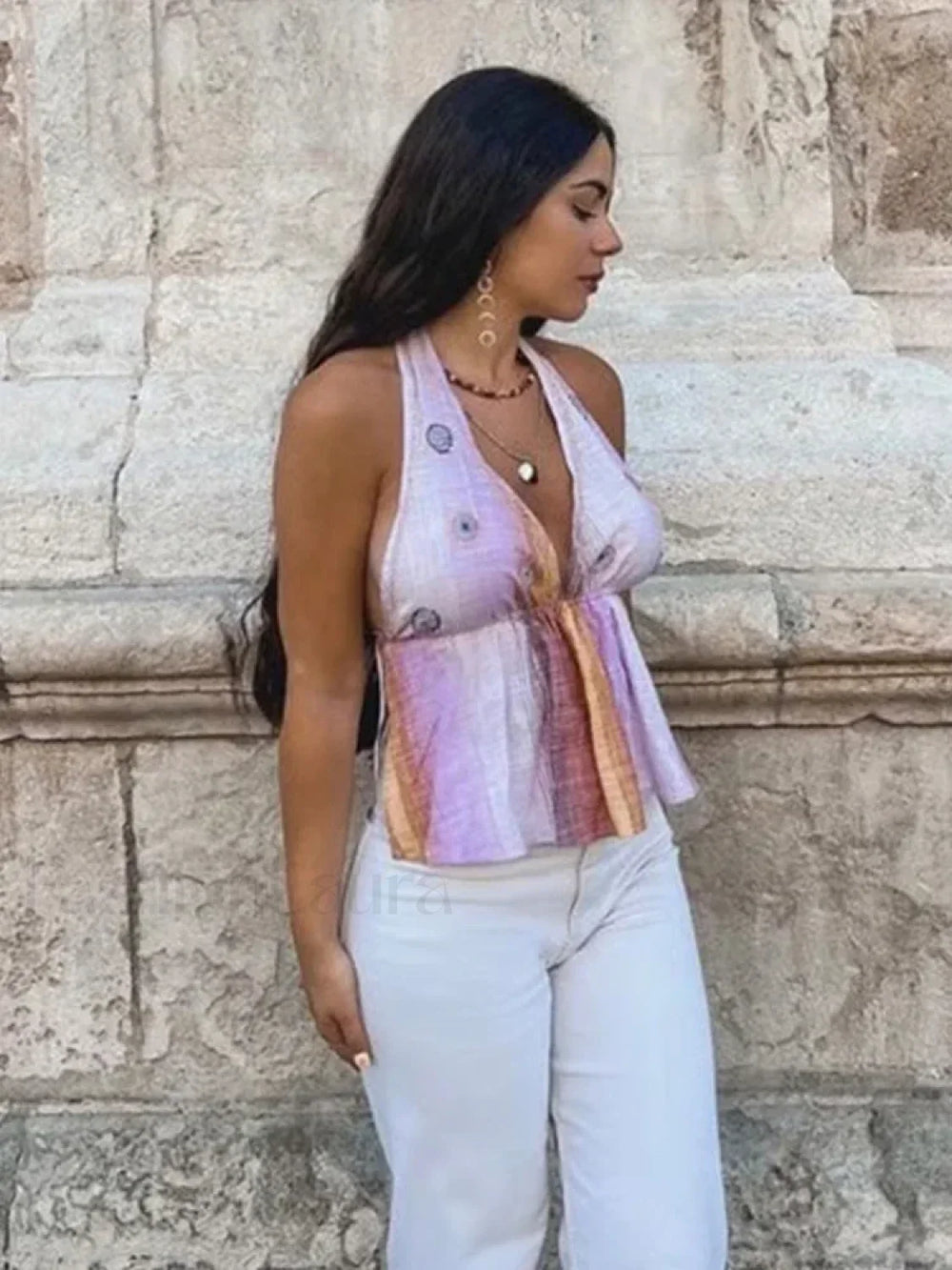 Gradient Lace Up Halter Crop Top