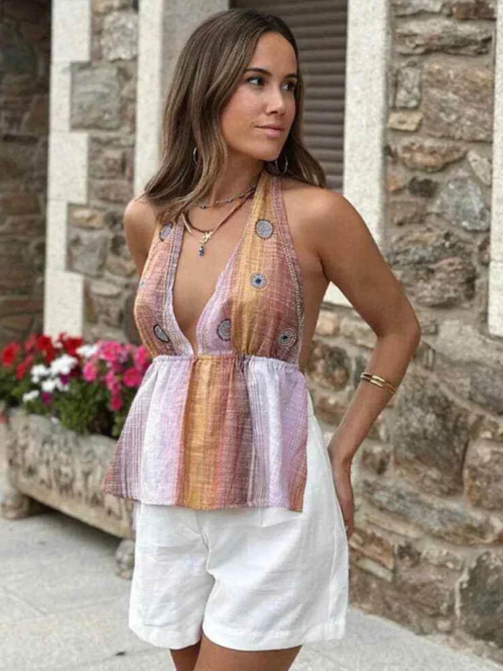 Gradient Lace Up Halter Crop Top Image Color / S