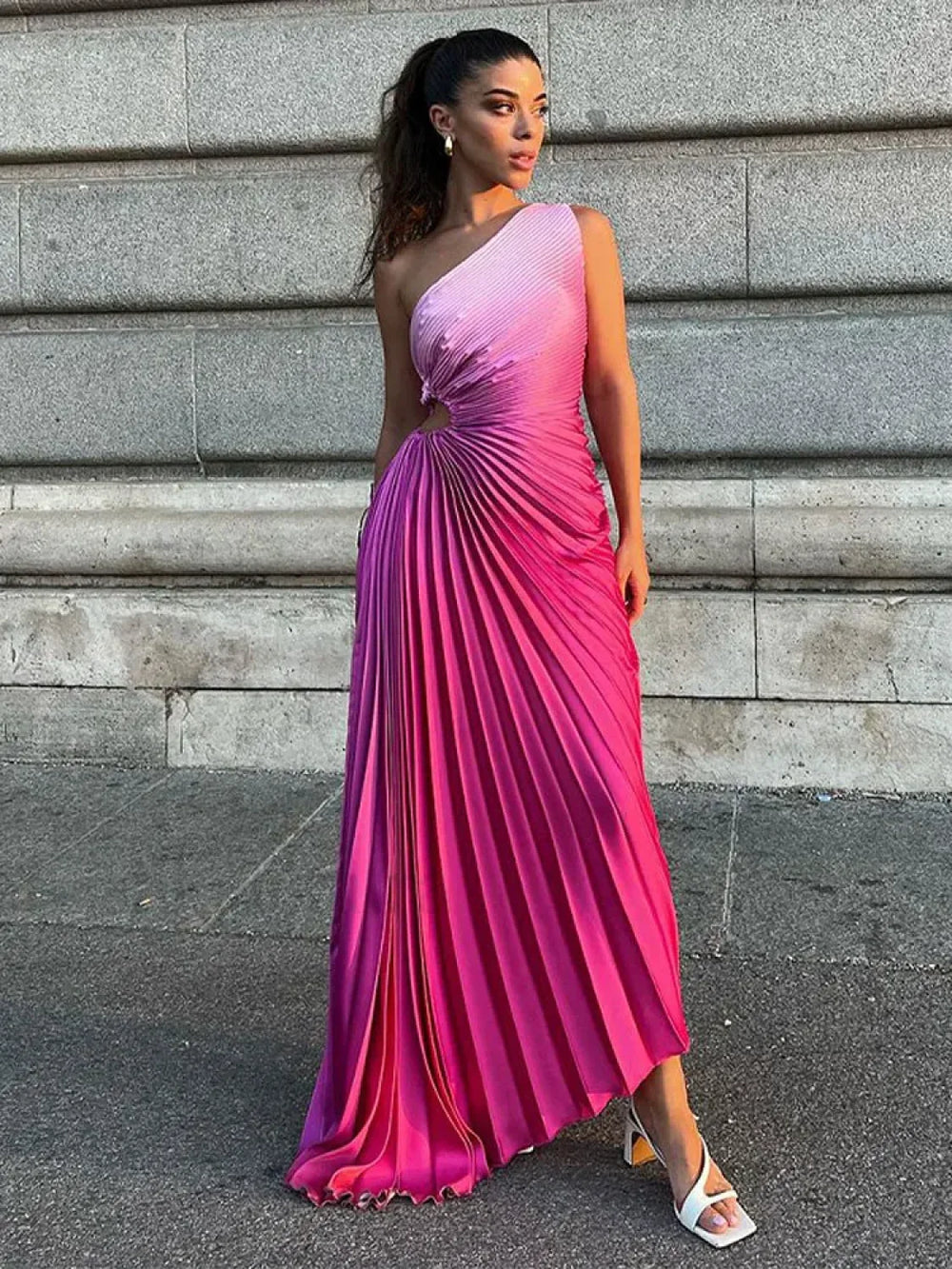 Gradient Pleated Shoulder Maxi Dress