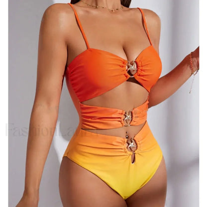 Gradient Push Up Closed Swimwear One Piece orange / S